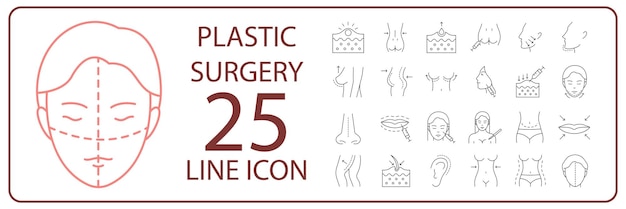 Plastische chirurgie vector lijn pictogrammenset Menselijk lichaam en gezicht of huid Lichaamsverzorging schoonheid