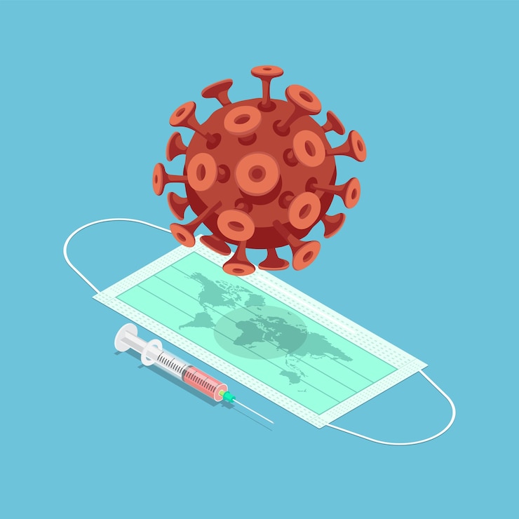 Vector plat 3d isometrisch covid-19-virus over het chirurgische masker met wereldkaart en vaccinspuit. nieuw normaal en covid-19 viruspreventieconcept.