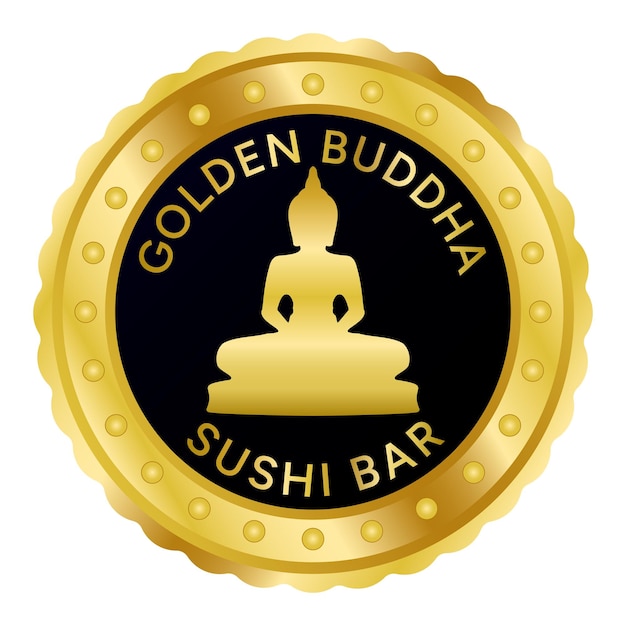 Plat Aziatisch eten. Gouden Boeddha, Sushi Bar stempel logo vector illustratie