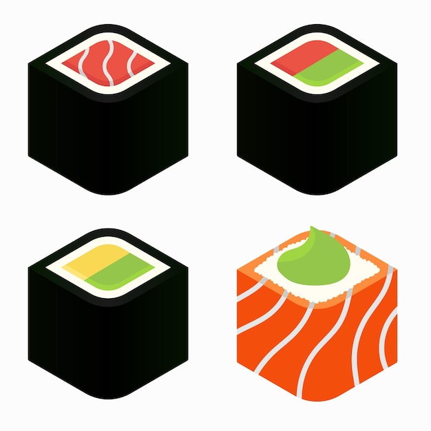 Plat Aziatisch eten. Japanse Sushi pictogram vector illustratie set