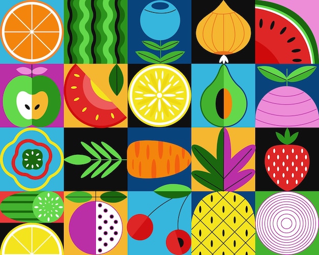 Plat geometrische minimalistische vruchten Bauhaus fruit compositie stijl moderne tegels of mozaïek achtergrond Retro gezonde kleurrijke fatsoenlijke vector design Illustratie van geometrische fruit design