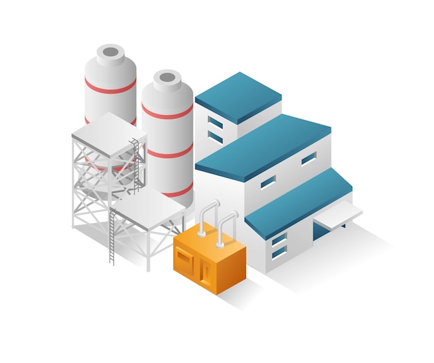 Plat isometrisch concept 3d illustratie fabriek industrieel minimalistisch gebouw met grote gasfles