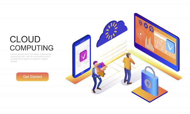 Plat isometrisch concept van cloudtechnologie