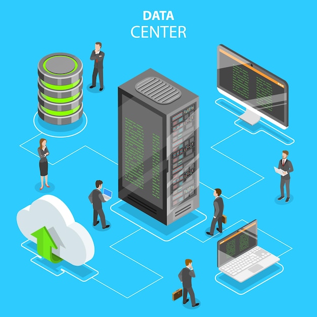 plat isometrisch concept van datacenter, cloudopslag