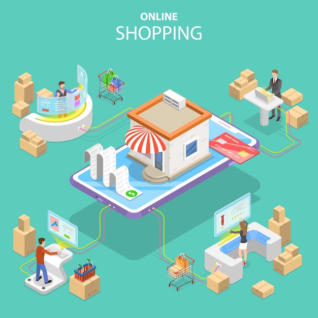 Plat isometrisch vectorconcept van gemakkelijk winkelen e-commerce online winkel mobiele betaling snelle levering
