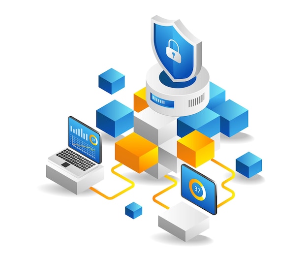 Plat isometrische 3d illustratie blockchain analyse programma veiligheidsconcept