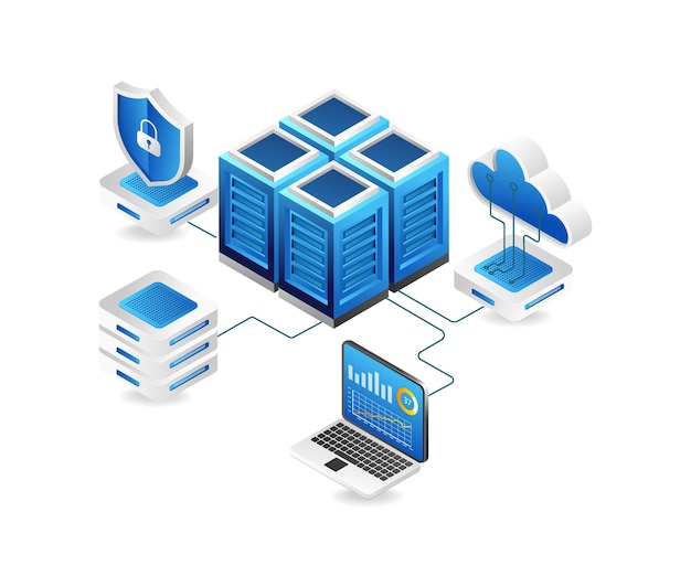 Plat isometrische 3d illustratie cloud server netwerk veiligheidsanalyse concept