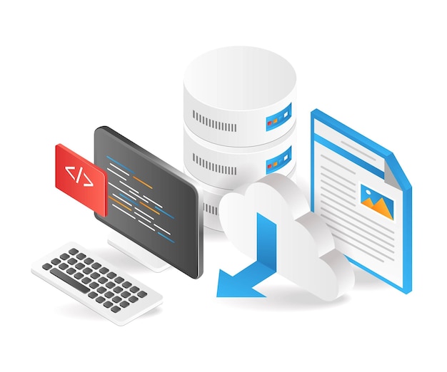 Plat isometrische 3d illustratie programmeur webhosting database