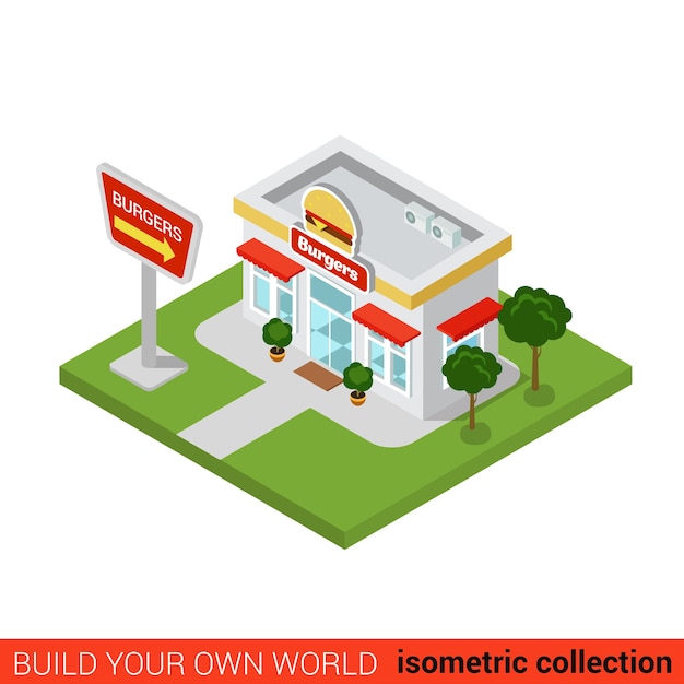 Plat isometrische hamburger restaurant bouwsteen infographic concept Straathoek fastfood hamburgers frietjes cola diner Bouw je eigen infographics wereldcollectie