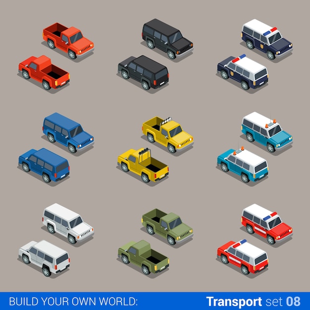 Plat isometrische hoge kwaliteit stad SUV jeep offroad transport icon set auto pick-up brandweer politie militaire boerderij vrachtwagen bouw je eigen wereld web infographic collectie