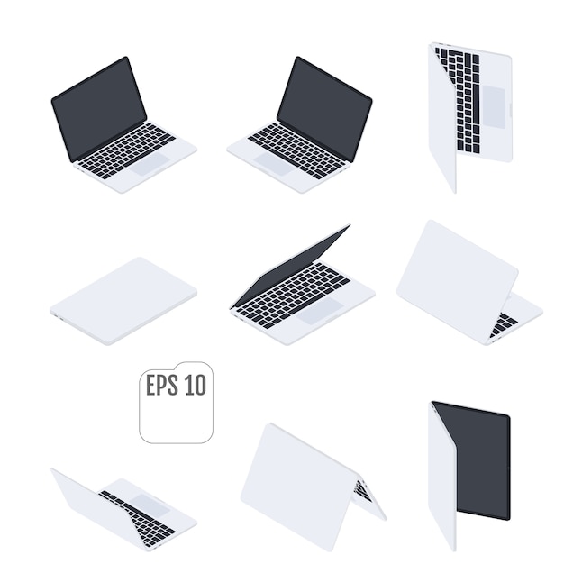 Plat isometrische laptops. Platte notebooks. Computer technologie. Set van moderne laptops. isometrische elementen