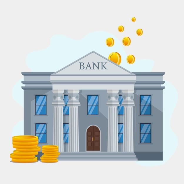 Plat ontwerp bankgebouw met gouden munten