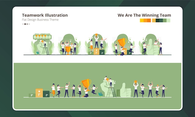 Plat ontwerp bij het verzamelen van teamwerkillustratie, wij zijn het winnende team