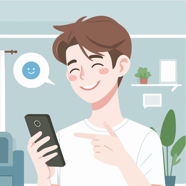 plat ontwerp illustratie concept van een tiener jongen met een goede stemming bij het kijken naar een smartphone scherm
