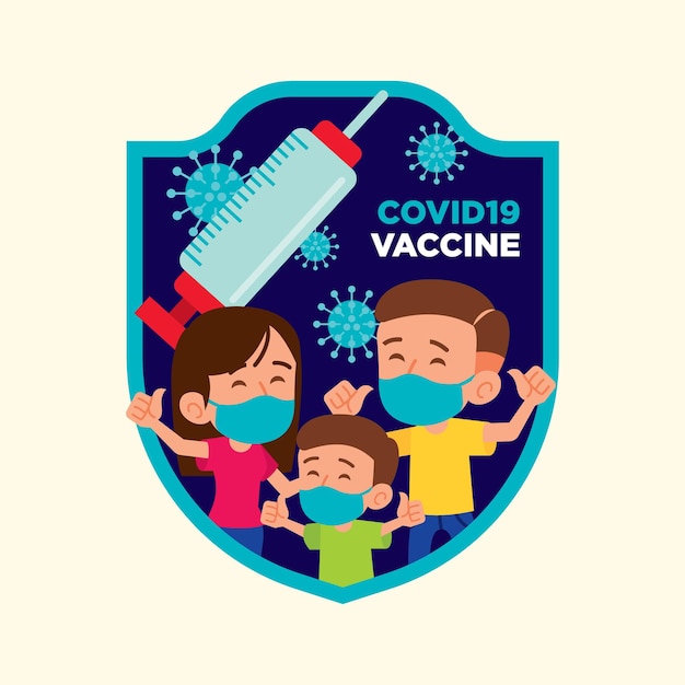 Plat ontwerp van familie die gezichtsmasker draagt om coronavirusvaccin te krijgen om tegen virussen te beschermen