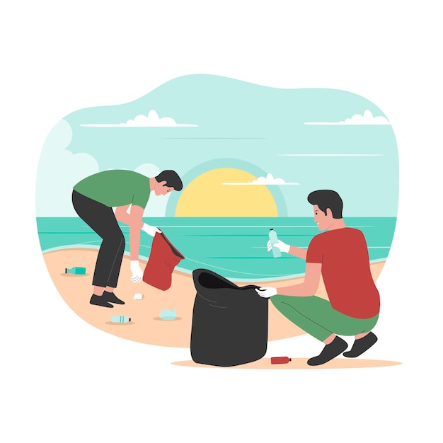 Plat ontwerp van mensen die strand opruimen van afval
