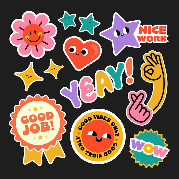 Vector plat ontwerp vector kleurrijke schattige positieve vibes sticker collectie set