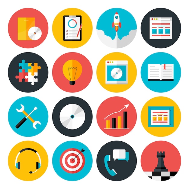 Plat pictogrammen vector collectie van web design objecten, business, office en marketing artikelen. Platte gestileerde pictogrammen set