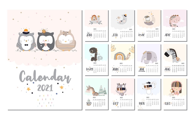 Plat schattig ontwerp kalender set