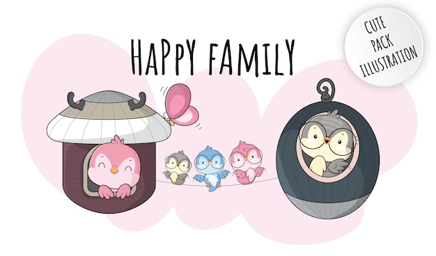 Plat schattige dieren gelukkige familie vogels illustraties voor kinderen
