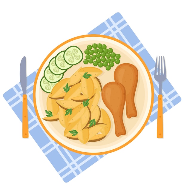 Plate of baked potatoes with fried chicken drumsticks green peas and cucumber vector illustration