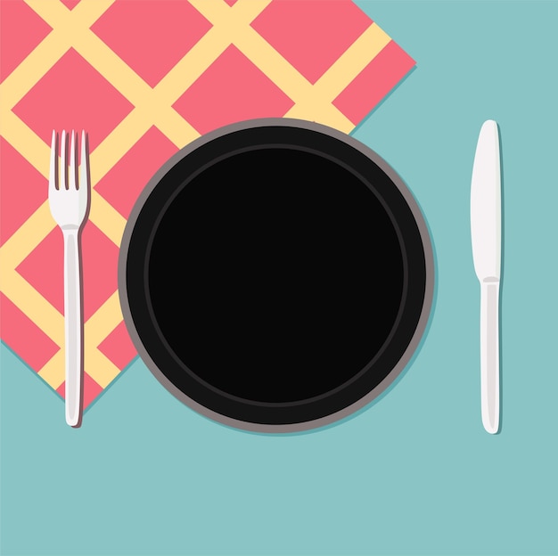 Vector plate blank copy space for cooking theme with black plate, fork, napkin and knife