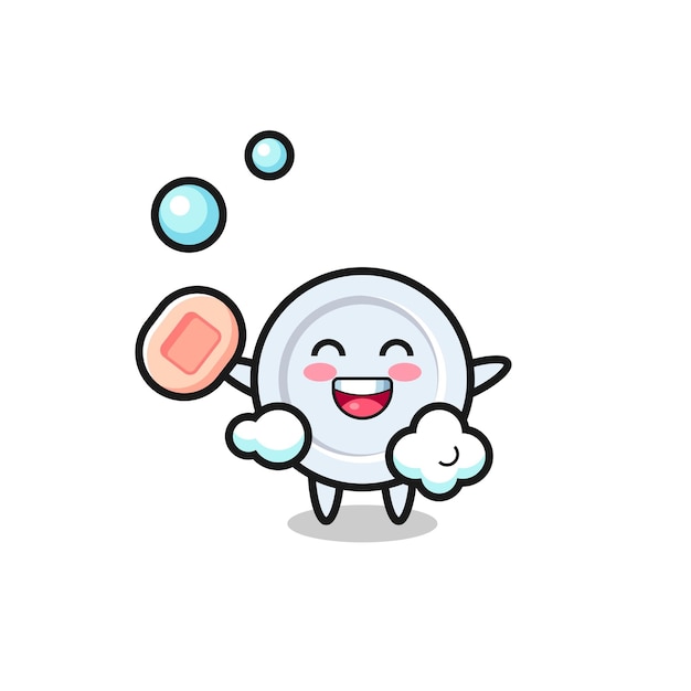 Vector plate character is bathing while holding soap