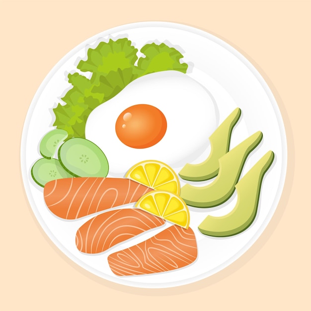 Plate of delicious fresh healthy breakfast with salmon, fried egg, lemon, cucumber and lettuce