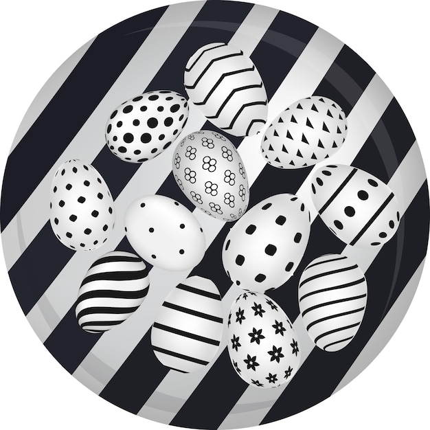 A plate of eggs with black and white stripes and a black and white pattern on the bottom.