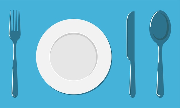 Vettore piatto cucchiaio forchetta e un coltello illustrazione vettoriale obletti su sfondo blu