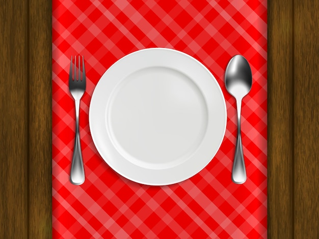 Plate, fork, spoon on a red checkered tablecloth, lie on a wooden table. realistic style. vector illustration.