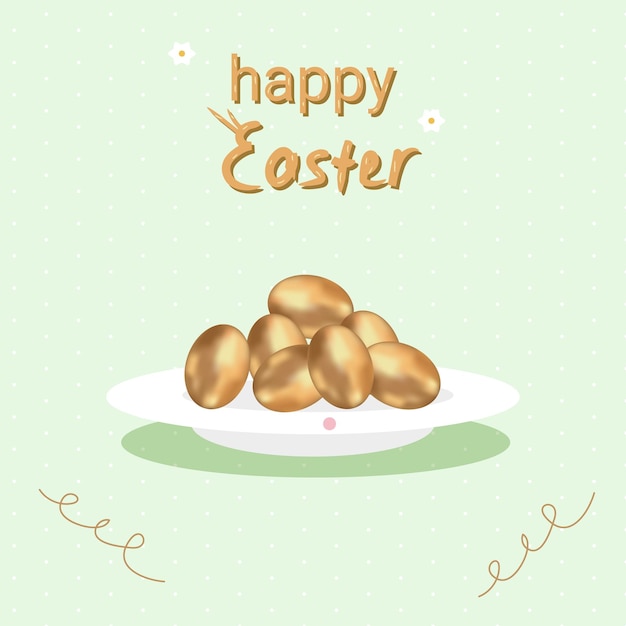 A plate of golden eggs with the word happy easter on it.