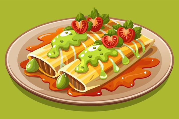 Vector a plate of hot dogs with ketchup and mustard enchiladas drizzled with tangy salsa verde