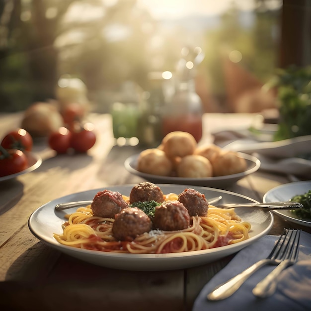 Vector a plate of noodles and pullets on a wooden table top