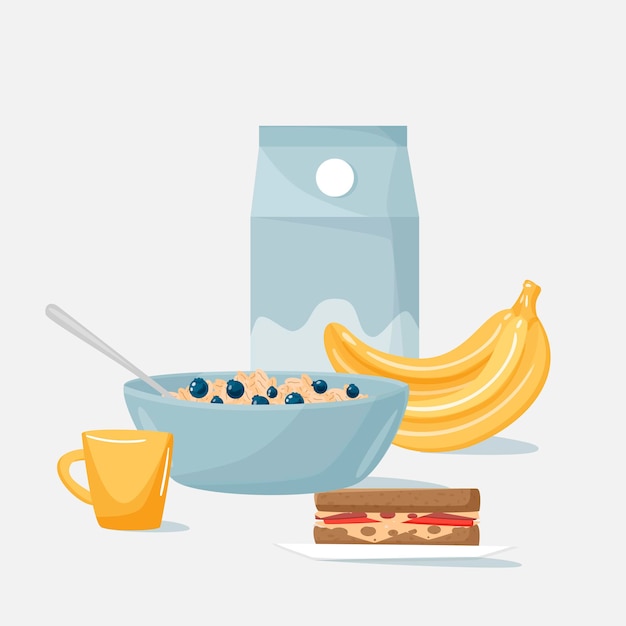 Vector a plate of oatmeal, milk and a cup of tea, a sandwich and bananas.