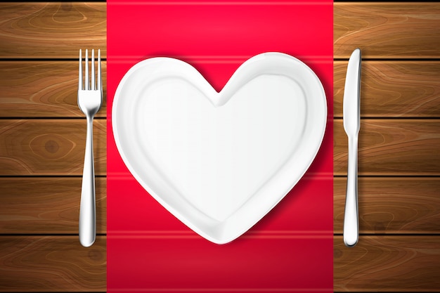 Plate shape heart, knife, fork wood texture