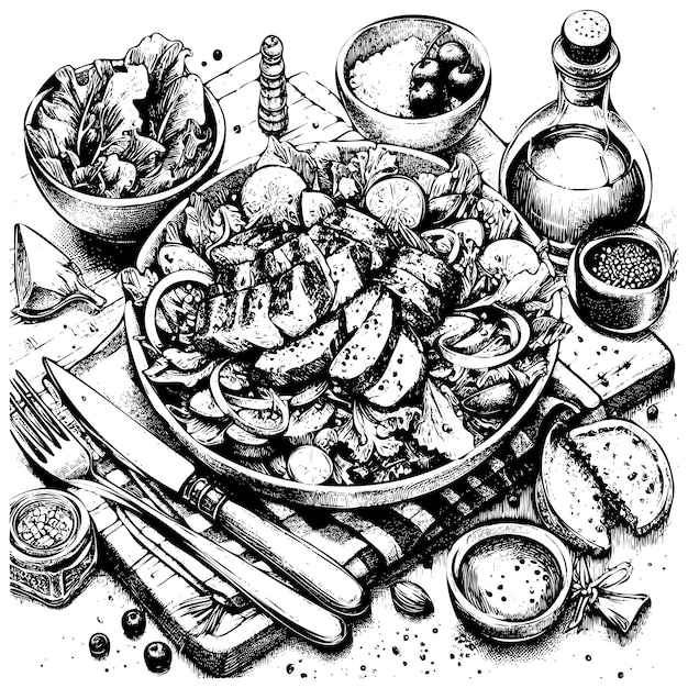 Vettore piatto con insalata di pollo sul tavolo schizzo vettoriale con insalato disegnato a mano illustrazione doodle per i menu