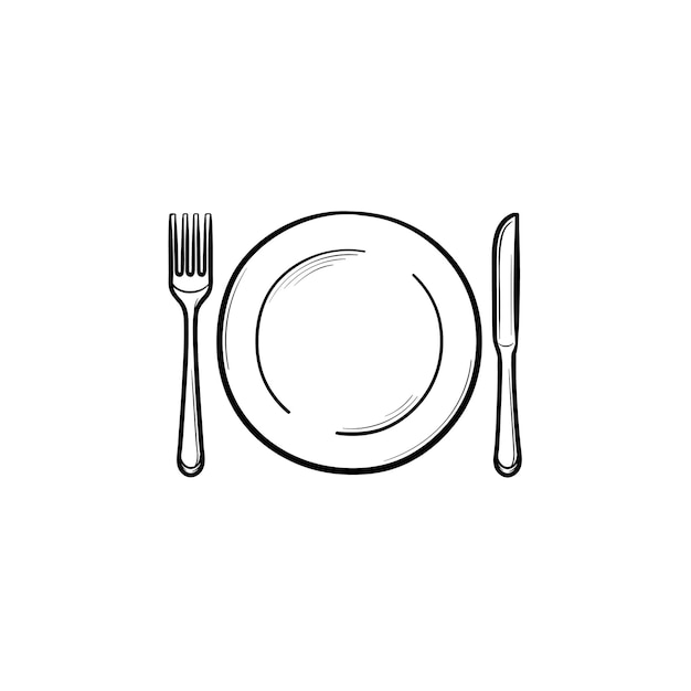 Plate with fork and knife hand drawn outline doodle icon. dinnerware - plate with fork and knife vector sketch illustration for print, web, mobile and infographics isolated on white background.