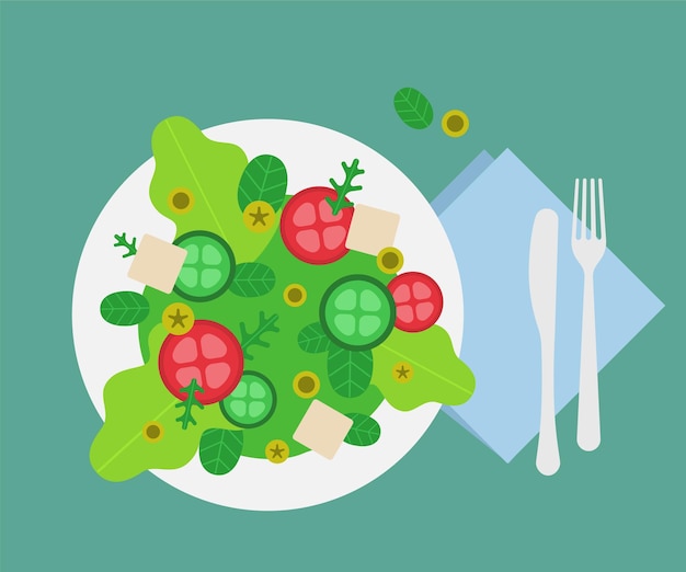 Вектор Тарелка со свежим витаминным полезным салатом из помидоров, огурцов, зелени, оливок, рикотты, шпината, сыра