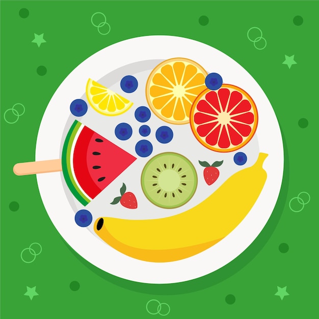 Vector plate with fruits and berries on a green background