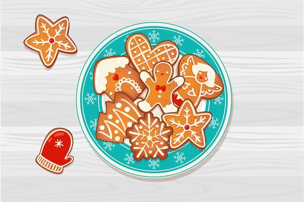 Vector plate with gingerbread christmas cookies on wooden table. top view vector illustration for new year and winter holiday design.
