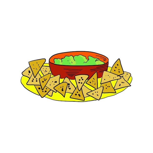 Piatto con patatine nachos e salsa guacamole illustrazione vettoriale isolato