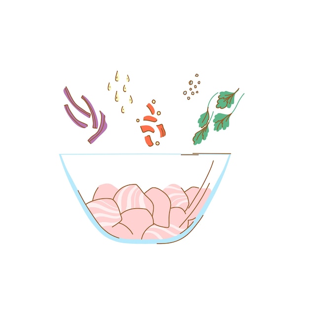 평평한 흰색 배경에 피클링을 위한 분홍색 생선 필레와 다양한 색상의 향신료가 있는 접시