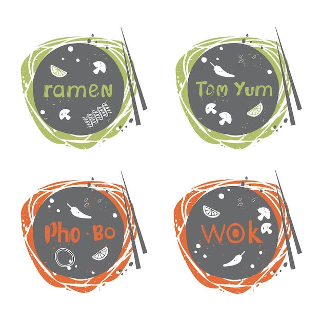 Тарелка с рамэн том ям и фо бо Векторные иконки ручной работы для меню ресторана вок