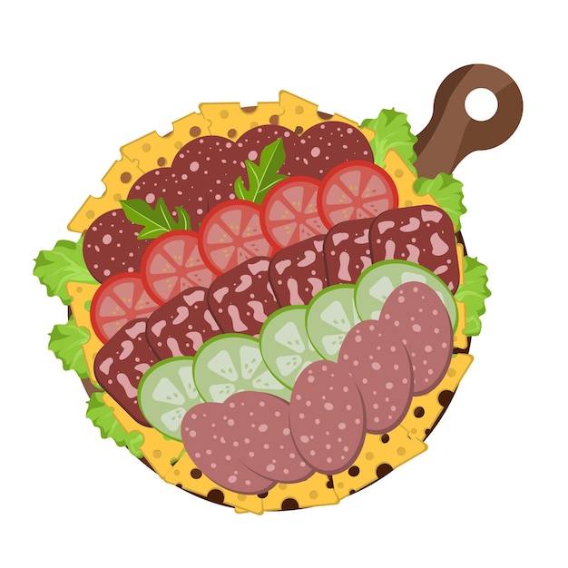 plate with sausages cheeses cucumbers tomatoes lettuce leaves on white background vector image