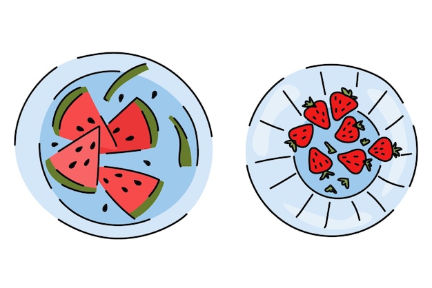 Plates with fruit strawberries and watermelon top view