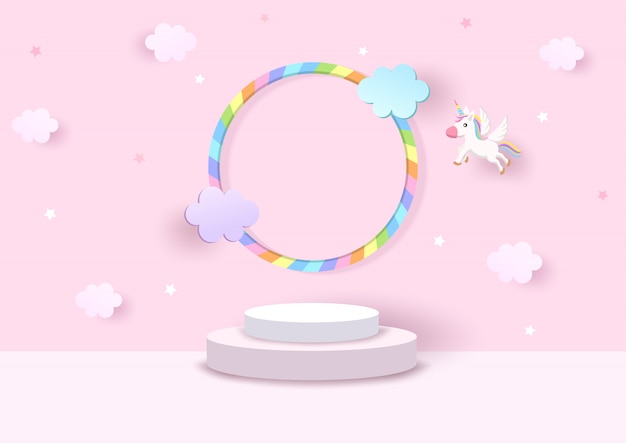 Platform 3d with rainbow and unicorn on pink