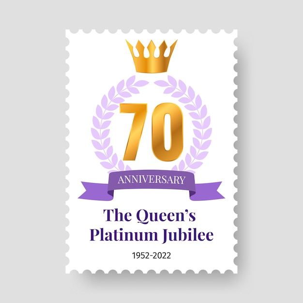 Platina jubileum van de koningin in 2022 een postzegel met een lauwerkrans voor een jubileum, een lint en een gouden kroon geweldig voor het afdrukken van groeten, stickers, wenskaarten, spandoeken