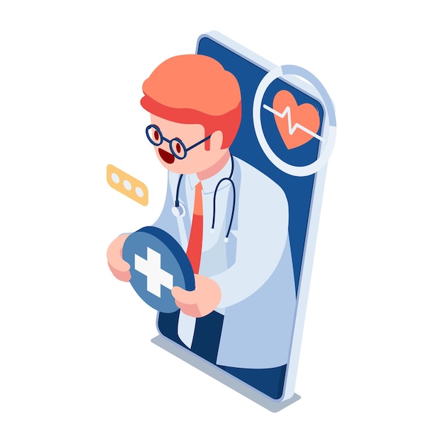 Platte 3d isometrische arts beschikbaar voor onmiddellijke medische consultatie binnen smartphone telemedicine Concept