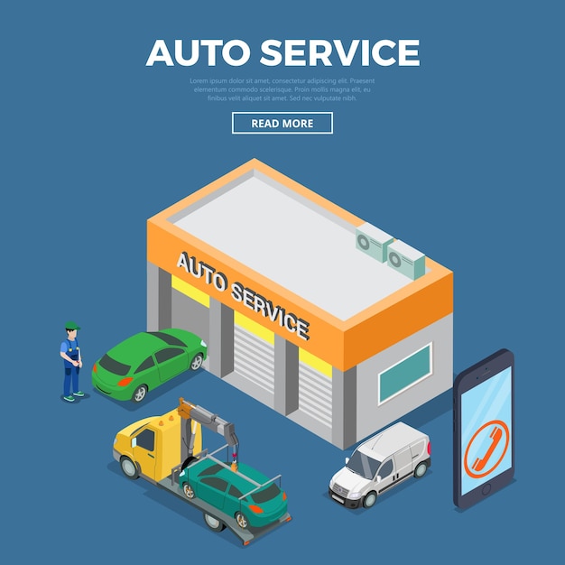 Platte 3d isometrische auto auto reparatie service gebouw exterieur infographic concept klein bedrijf